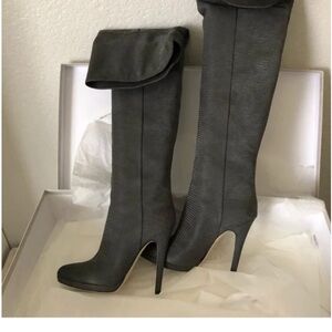 Jimmy Choo Giselle Over-the-Knee OTK heeled Boots Grey embossed snake 39 8.5